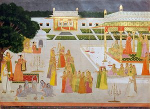 Een Mughal schilderij van een prinses en haar dames die Diwali vieren door Unbekannt