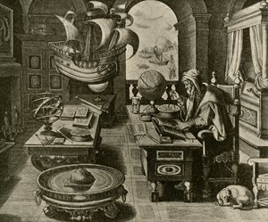 Een navigatie-expert aan het werk in zijn studeerkamer met globe en kompas, c1591, 1928