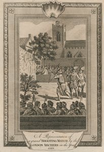 Een voorstelling van een groot schietwedstrijd door de Londense boogschutters in het jaar 1583