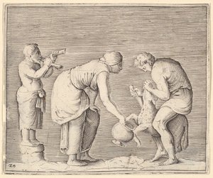 Een vrouw die bloed verzamelt van een schaap, gepubliceerd ca. 1599-1622