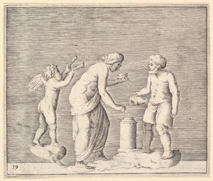Een vrouw en man die offeren in aanwezigheid van Cupido, gepubliceerd ca. 1599-1622 door Unbekannt