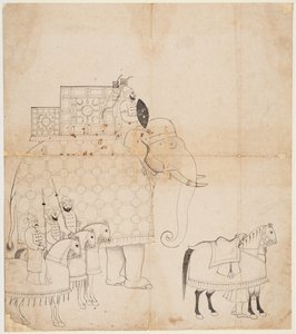 Een tekening van een versierde olifant en paarden, ca. 1760 door Unbekannt