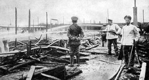 Een door brand beschadigd krijgsgevangenenkamp in Duitsland, Eerste Wereldoorlog, 1915