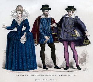 Een dame en twee heren in Franse kleding van 1605, 1882-1884 door Unbekannt