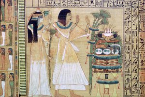 Een man en zijn vrouw die offers brengen aan Osiris, uit het Egyptische Dodenboek