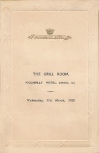Een menu voor The Grill Room van het Piccadilly Hotel, Londen, 1920 door Unbekannt