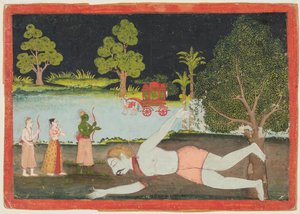 Een pagina uit een Ramayana: Rama, Lakshman en Sita voor een gedode reus, ca. 1770 door Unbekannt