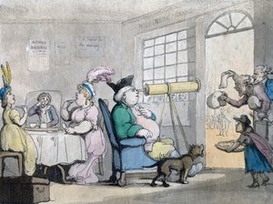 Een corpulente heer die door een telescoop kijkt, 19e eeuw door Unbekannt