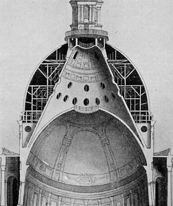 Een doorsnedetekening van de grote koepel van Sir Christopher Wren