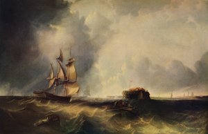 Een schip en mannen in een roeiboot bij Calais door Unbekannt