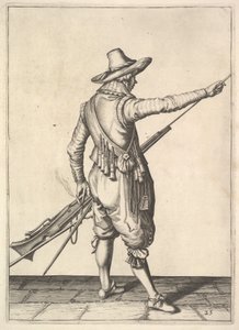 Een soldaat die de laadstok uit de houder trekt, uit de serie Musketiers, plaat 25, in Wap... door Unbekannt