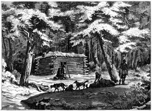 Een winterhut in het Saskatchewan-gebied, Canada, 1877