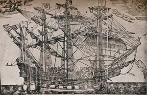 Een houtsnede van een schip dat vermoedelijk de Ark Royal is, c1587
