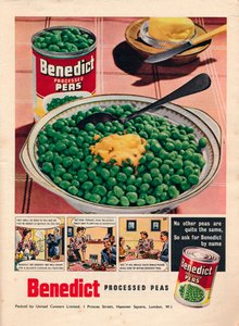 Advertentie voor Benedict verwerkte erwten, 1951