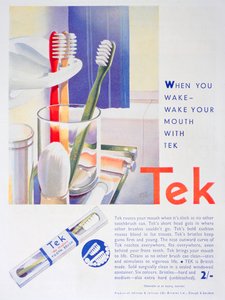 Advertentie voor Tek-tandenborstels, door Johnson en Johnson, 1931