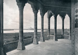 Agra. Balkon van de Jasmijntoren, met uitzicht op de Taj, ca. 1910