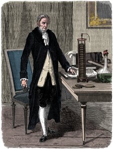 Alessandro Volta, Italiaanse natuurkundige, demonstreert zijn elektrische batterij, c1800 c1870