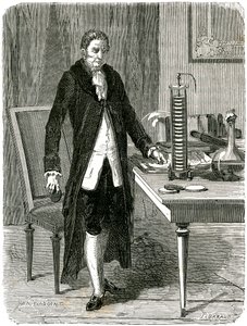 Alessandro Volta, Italiaanse natuurkundige, demonstreert zijn elektrische stapelbatterij, ca 1800 ca 1870