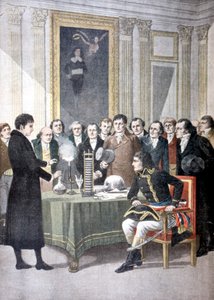 Alessandro Volta, demonstreert zijn stapel batterij aan Napoleon, ca. 1800 1901
