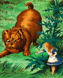 Alice ontmoet een zeer grote puppy, ca. 1900