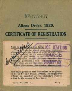 Aliens Order, Registratiecertificaat, 1920 door Unbekannt