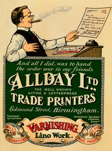 Allday Ltd., Handelsdrukkerij advertentie, 1910