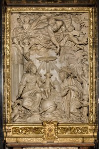 Altaar van St. Joseph of Altaar van de Heilige Familie, Hoog reliëf, Giacomo Bertesi 1668, Kathedraal van Santa Maria Assunta, Kathedraal, Cremona, Lombardije, Italië (foto) door Unbekannt