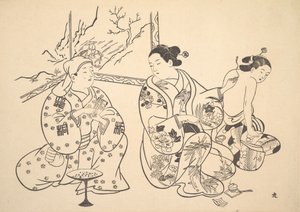 Een Oiran zittend in een salon past de vuurbehandeling toe op de ontblote rug van een andere vrouw