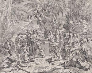 Een allegorie van schilderen, die als kind in het midden links op een tablet tekent, omringd..., 1650-1700 door Unbekannt
