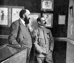 Een tentoonstelling van kunst door Franse soldaten die vechten in Champagne, Frankrijk, Eerste Wereldoorlog, 1915
