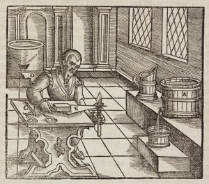 Analyse van salpeter, gebruikt in buskruit en voor het conserveren van vlees - Gravure uit Beschrijving van mineralen en de belangrijkste mijnbouwmethoden, van Lazarus Ecker
