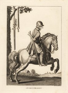 Oude dragonder te paard met helm, musket en kruithoorn door Unbekannt