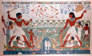 Oude Egyptenaren jagen op watervogels met werpstokken