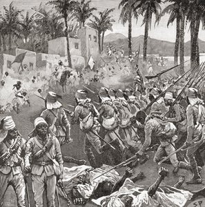 Anglo-Egyptische troepen bestormen het dorp Ferkeh tijdens de Slag bij Ferkeh of Firket, 7 juni 1896, tijdens de Mahdistenoorlog