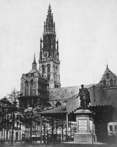 Kathedraal van Antwerpen en standbeeld van de kunstenaar Peter Paul Rubens, België, 1867 door Unbekannt
