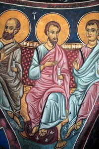 Apostelen rond Christus en het Laatste Oordeel Detail van de Byzantijnse fresco van het Narthex gewelf van de kerk van Asinou Laatste oordeel scène 14e eeuw (1332) UNESCO, werelderfgoed Troodos regio, Cyprus