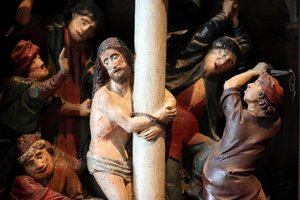 Arbois, Jura, Saint-Hippolyte kerk. Het vijftiende-eeuwse retabel. Geseling van Christus