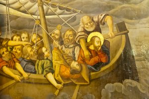 Armeens-Apostolische Kerk; muurschildering; storm; Jezus met zijn discipelen in de boot tijdens een storm; Bethlehemkerk of Bedkhemkerk; Julfa-district of Jolfa; Isfahan; Iran; Azië