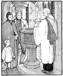 Ambachtsfamilie die hun kind laat dopen
