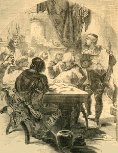 Op een banket gegeven door Harold, ontvangt hij het nieuws van de invasie van de Normandiërs, c1890
