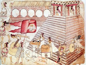Azteekse krijgers verdedigen de tempel van Tenochtitlan, Mexico