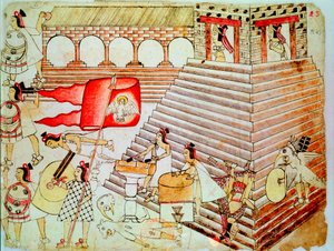Azteekse krijgers verdedigen de tempel van Tenochtitlan tegen Conquistadores