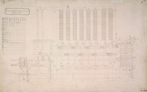 Babbage-motoren, verschiltekening van zijaanzicht van Difference Engine No 2 door Unbekannt
