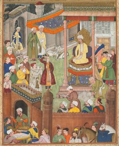 Babur ontvangt buit en Humayuns groet na de overwinning op Sultan Ibrahim..., ca. 1596-1597