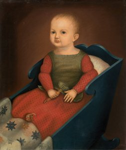 Baby in blauwe wieg door Unbekannt