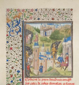 Boudewijn van Boulogne betreedt Edessa in februari 1098. Miniatuur uit de Historia van Willem van Tyrus, 1460s