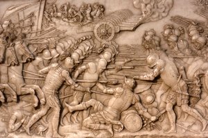 Basiliek van St. Denis, Graf van Frans I koning van Frankrijk en Claude van Frankrijk, Reliëf van de stichting, Afbeelding van de slag bij Marignano in 1515 - de Fransen en hun artillerie tegenover de Oude Zwitserse Confederatie, Saint-Denis, Frankrijk door Unbekannt