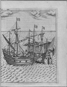 Slag tussen het schip Golden Hind van Francis Drake en het Spaanse schip Cacafuego. Van Levinus Hulsius