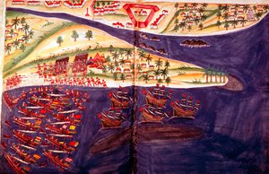Slag tussen moslims en Portugezen bij Surat, Gujarat nabij Bombay, India, ca. 16e eeuw