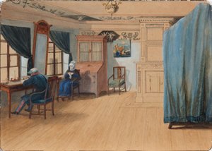 Slaapkamer interieur. Graaf Yegor Frantsevich Kankrin 1774-1845 aan zijn bureau, 1820s